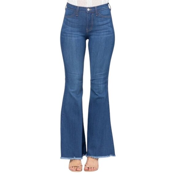 Judy Blue Wide Flare Leg Raw Hem Jeans - Picture 1 of 14